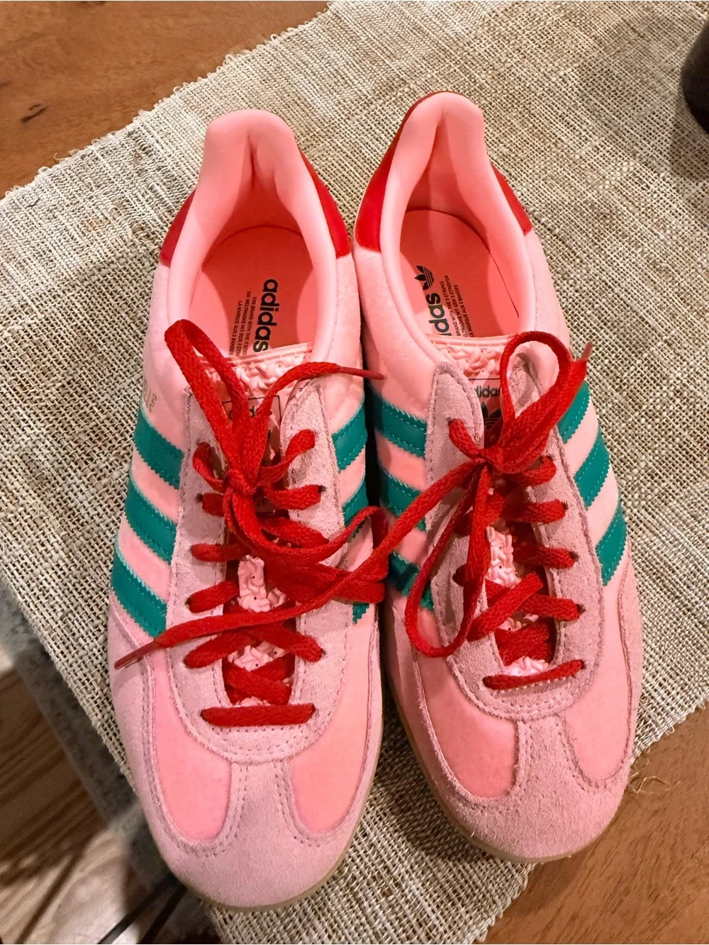 adidas Gazelle Pink Sneakers with Teal Stripes and Red Laces